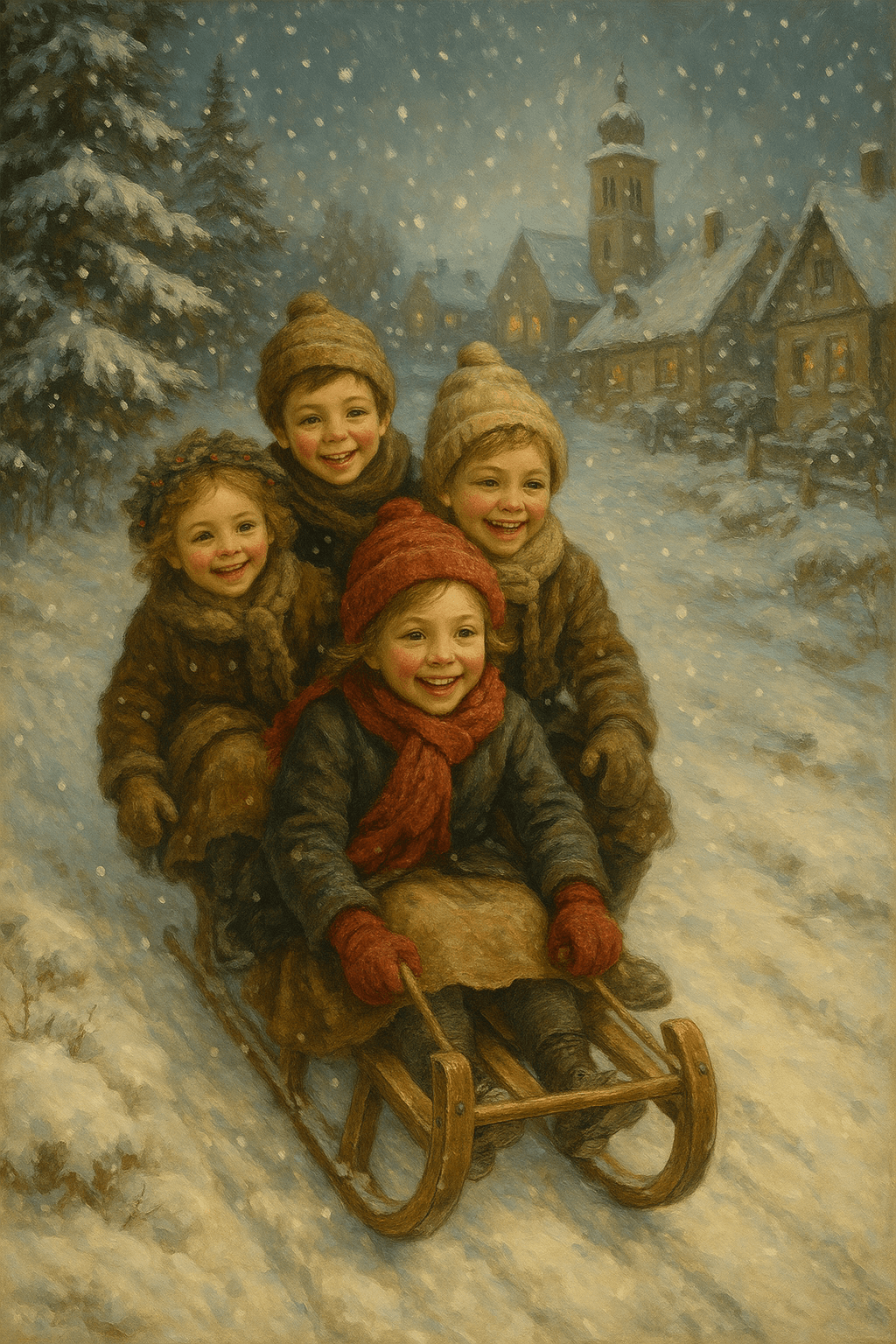 Kinder fahren fröhlich auf einem Holzschlitten durch ein verschneites europäisches Weihnachtsdorf mit Kirche und schneebedeckten Häusern